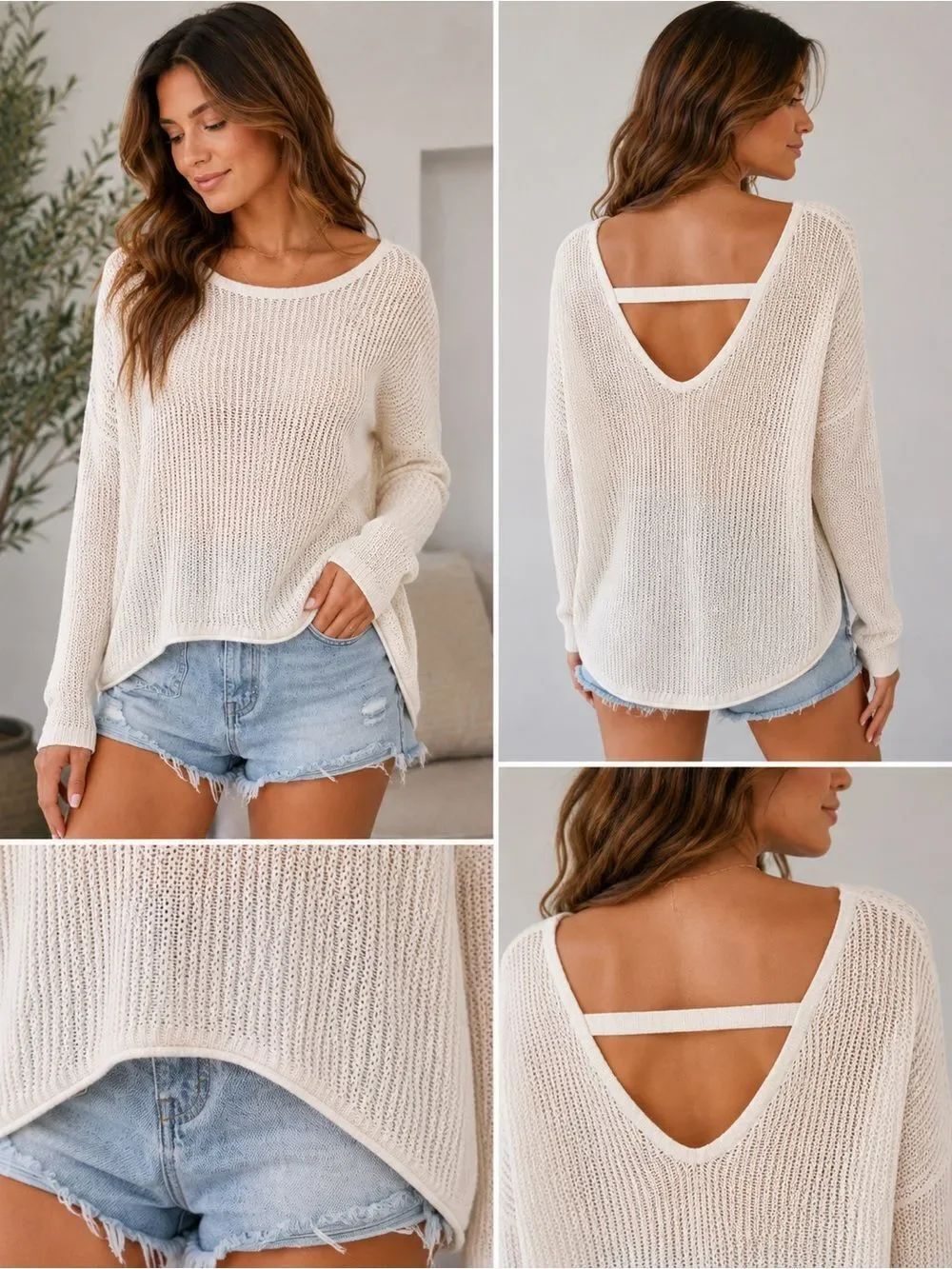 Forever 21 Cream Open Knit High-Low Sweater Size Medium
